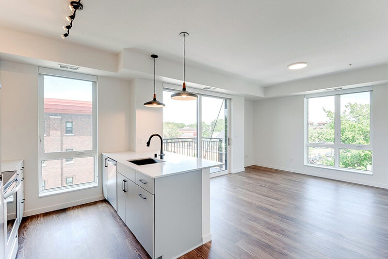 empty apartment kitchen and living room