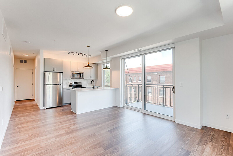 empty apartment living room and kitchen